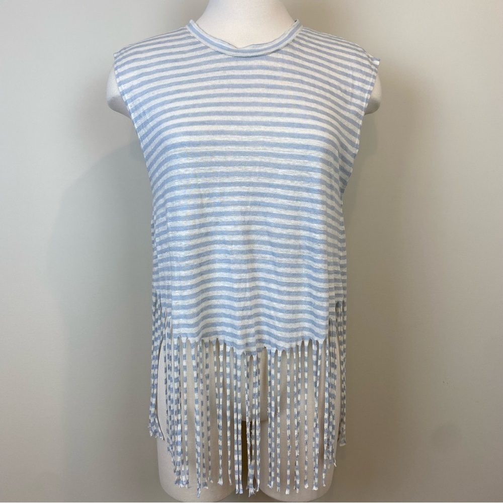 Rebecca Minkoff Gemini Linen Fringed Sleeveless Top Blue & White‎ Striped Size S